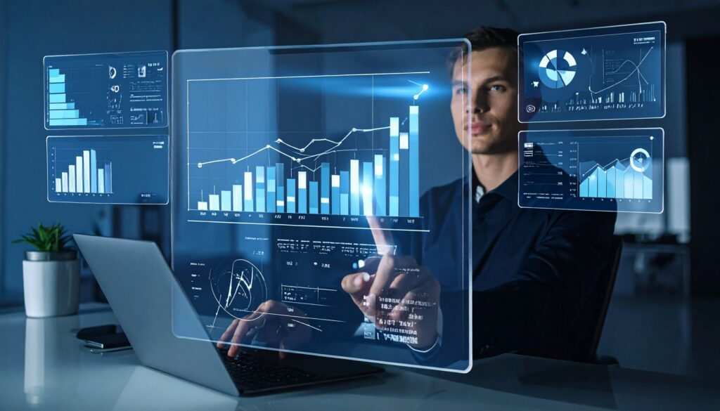 Business leader engaging futuristic analytics interface with rising metrics
