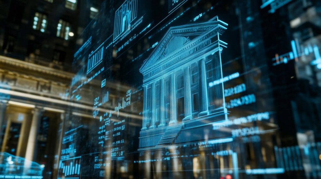 Digital data visualization of a bank building overlaid on a financial district at night