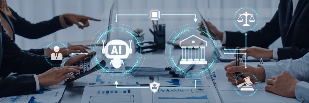 Finance and risk professionals reviewing reports at a conference table with banking, compliance, and analytics icons overlaid