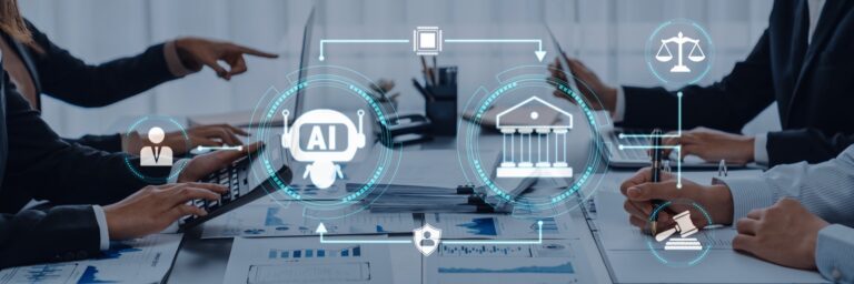 Finance and risk professionals reviewing reports at a conference table with banking, compliance, and analytics icons overlaid